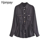 Yipinpay Fashion Solid Black Pants Sets 2023 Spring Autumn Long Sleeved Chic Blouses With Lace +Zipper Pants Street Casual Outwear