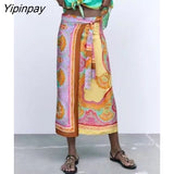 Yipinpay 2 Piece Set Women Summer Bow Tops And Sarong Skirts Elegant Printed Suits Long Sleeve Casual Turn Down Collar Shirts