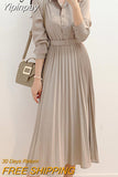 Yipinpay Women's Long Sleeve Midi Pleated Dress Buttons Belt Vintage CHIC Elegant Office Ladies OL Dress High Waist Vestidos