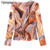 Yipinpay Elegant Women Tulle Printed Skirts Suits Folds Tops Bow Mid-Calf Skirts Sets Long Sleeve Shirt Blouse 2023 Spring Autumn