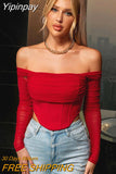 Yipinpay sale! Summer Corset Top Women Y2k Tops Blue Boycon Crop Top Off The Shoulder Sexy Mesh Top Outfits Girl Party Clubwear