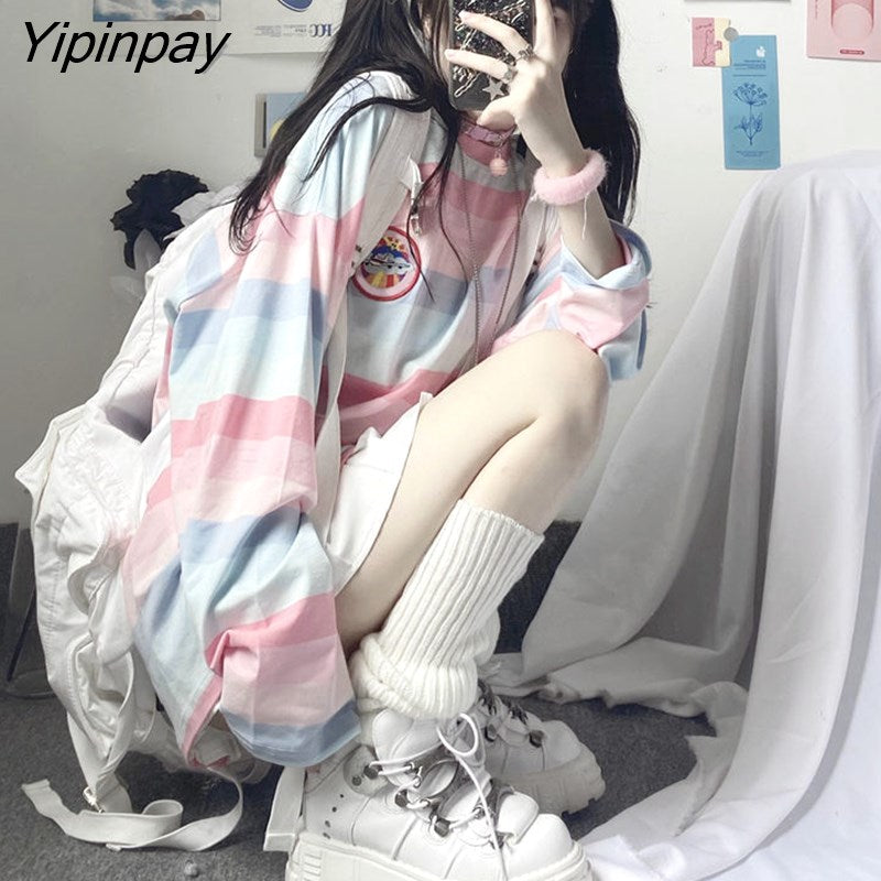Yipinpay New Spring Women T-shirt Long Sleeve Loose Harajuku Sweet Cute Color Stripes Thin Female Tops Pullovers Causal