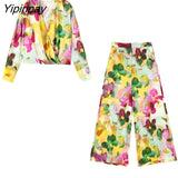 Yipinpay Women Tie Dye Print Pants Suits 2023 New Shirt With High Waist Zipper Pants 2 Piece Sets Elegant Office Lady Outfits