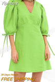 Yipinpay Green Elegant A-Line Dress Lace-Up Women V-Neck Cotton Linen Dress Puff Sleeve Office Ladies Classy Dress Chic 2023