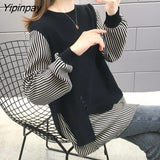 Yipinpay Oversized Crop Top Mujer Long Sleeve Striped Splice Knitted Sweater Casual Pullover Women Harajuk Black Red Yellow