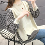 Yipinpay Oversized Crop Top Mujer Long Sleeve Striped Splice Knitted Sweater Casual Pullover Women Harajuk Black Red Yellow