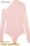 Yipinpay Brown Mesh Bodysuit Women Long Sleeve Body Woman Tulle See Through Bodysuit Lingerie Sexy Off Shoulder Asymmetrical Top