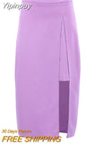 Yipinpay Elegant Patchwork Fashion Skirt 2023 Purple Chic Women High Waist Midi Skirts Slit Office Ladies Asymmetrical Skirt