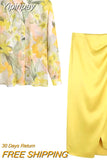 Yipinpay Wrap Satin Skirt Women Yellow Long Skirts Woman Vintage High Waist Slit Skirt Spring 2023 Ruched Elegant Midi Skirts Suits