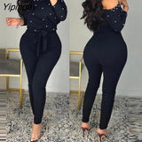 Yipinpay Women Elegant Off Shoulder Beading Long Sleeves Jumpsuit with Belt