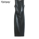 Yipinpay Elegant Women Faux-leather Dresses 2023 Autumn Fashion PU Solid Vestidos Asymmetrical Sleeveless Backless Pullover Dress