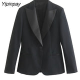 Yipinpay 2023 Women Fashion Single Button Blazer Coat Vintage Notched Collar Jacket Long Sleeve Ladies Slim Outerwear Stylish Tops