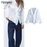 Yipinpay Women Jacquard Ruffles Blouses 2023 Spring Autumn Casual V-Neck Flare Long Sleeved Tops Single Breasted T-Shirts