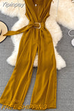 Yipinpay Women Wide Leg Pants Jumpsuit Sleeveless Sashes Casual High Waist Overalls Office Ladies Elegant Playsuits Plain 2023