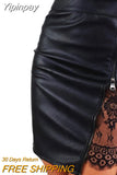 Yipinpay Women PU Leather Pencil Mini Stretchy High Waist Lace Patchwork Zipper Evening Party Knee Length Bodycon Skirts