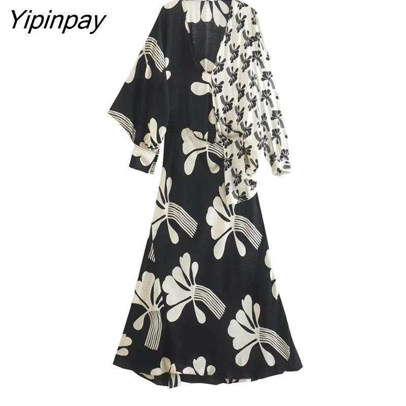 Yipinpay Spring Autumn Women Printed Mid-Calf Dresses 2023 Elegant Ladies V-Neck Dresses Long Sleeve Soft A-line Vestidos