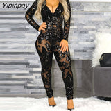 Yipinpay Women Solid Deep V Neck Sequins Patchwork Bodycon Skinny Jumpsuit Sexy Black Jumpsuit