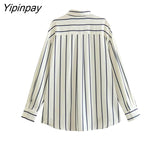 Yipinpay 2023 Women Striped Blouses Shirt Causal Loose Turn Down Collar Long Sleeved Tops Single Breasted T-Shirts Spring Autumn