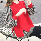 Yipinpay Oversized Crop Top Mujer Long Sleeve Striped Splice Knitted Sweater Casual Pullover Women Harajuk Black Red Yellow