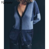 Yipinpay Women Patchwork Knitted Sweater 2023 Simple Autumn Winter Warm Female Single Breasted Cardigan V-neck Long Sleeve Tops