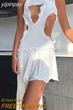 yipinpay Irregular Ruffles Sleeveless Hollow Out White Mini Dresses For Women Casual Chic Summer Beach Holiday Short Dress 2023