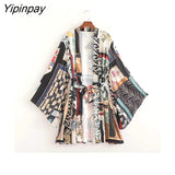 Yipinpay Women Shirts +Trousers Suit Kimono Style Summer Full Printed X-Long Drawstring Blouse Set Female Pants Casual Clothes