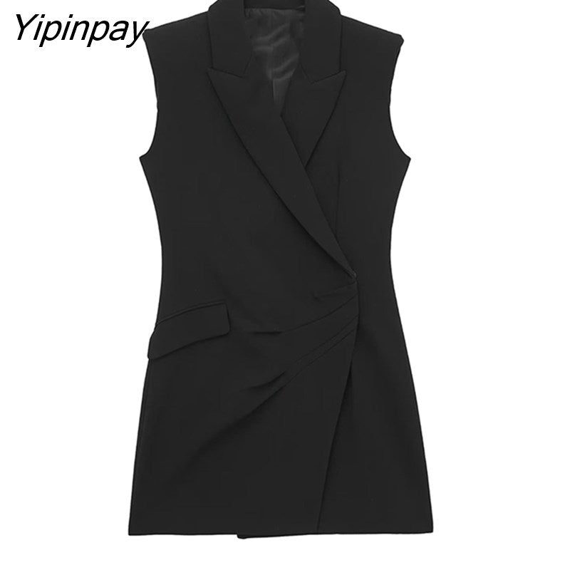 Yipinpay Office Ladies Mini Blazer Dresses Elegant Black Notched Folds Dresses Vintage Causal Long Sleeve Party Vestidos 2023 Autumn