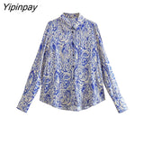 Yipinpay Fashion Women Print Blouses Shirt 2023 Summer Causal Long Sleeve Tops Vintage Turn Down Collar Single Breasted T-Shirts