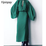 Yipinpay Women Elegant Solid Mid-Calf Dresses 2023 Fashion Female Bow Party Vestidos Long Sleeved Dresses Soft Outwear