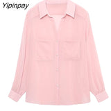 Yipinpay 2023 Thin Women Solid Blouses With Patch Pockets Spring Autumn Casual Long Sleeved Tops Summer Single Breasted T-Shirts