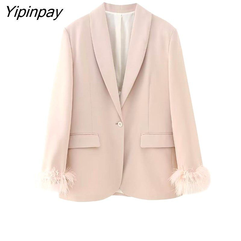 Yipinpay Women Fashion Feathe Sleeve Blazer Suit Set 2023 Solid Color Single Button Jackets Loose Wide Leg Pants Костюм Mujer