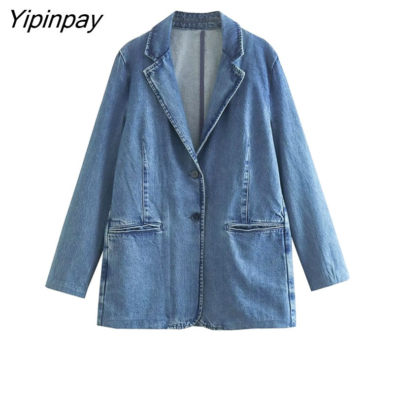 Yipinpay 2023 Autumn Women Denim Blazer Jackets Solid Notched Causal Pockets Coats Single Breasted Long Sleeve Chic Outwear