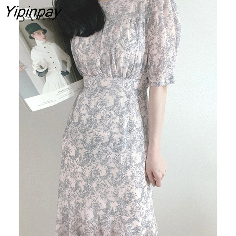 Yipinpay New Elegant Dresses For Women Summer Short Sleeve O-neck Floral Dress Women Korean Fashion Pink Midi Dress 2023