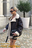 Yipinpay Fashion Faux Fur Jacket with Zipper Women Long Sleeve Double-sided Jackets Warm Coat Female Casual Lapel Lace Up Tops