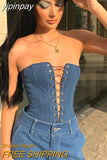 yipinpay Corsets Women Denim Top Strapless Crop Top Hollow Out Summer Clothes Streetwear Cross Lace Up Tank Top Blue Corset Tops