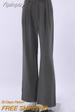 Yipinpay Gray High Waist Pants Pleated Elegant Women Wide Leg Pants Office Ladies Classic Work Floor-Length Pants Summer 2023