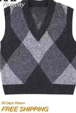 Yipinpay Knitted Sleeveless Vest For Women Cropped Argyle Sweater Women Knitting Vest Woman Winter 2023 Vintage V Neck Knit Sweater
