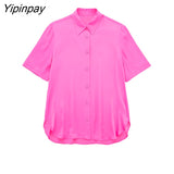 Yipinpay Newest Summer Women Solid Blouses Shirt 2023 Causal Short Sleeved Turn Down Collar Tops Vintage Single Breasted T-Shirts