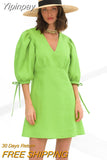 Yipinpay Green Elegant A-Line Dress Lace-Up Women V-Neck Cotton Linen Dress Puff Sleeve Office Ladies Classy Dress Chic 2023