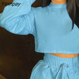 Yipinpay Women Solid Chic Half High Collar Long Sleeves Elastic Waist Drawstring Crop Top Short Sets
