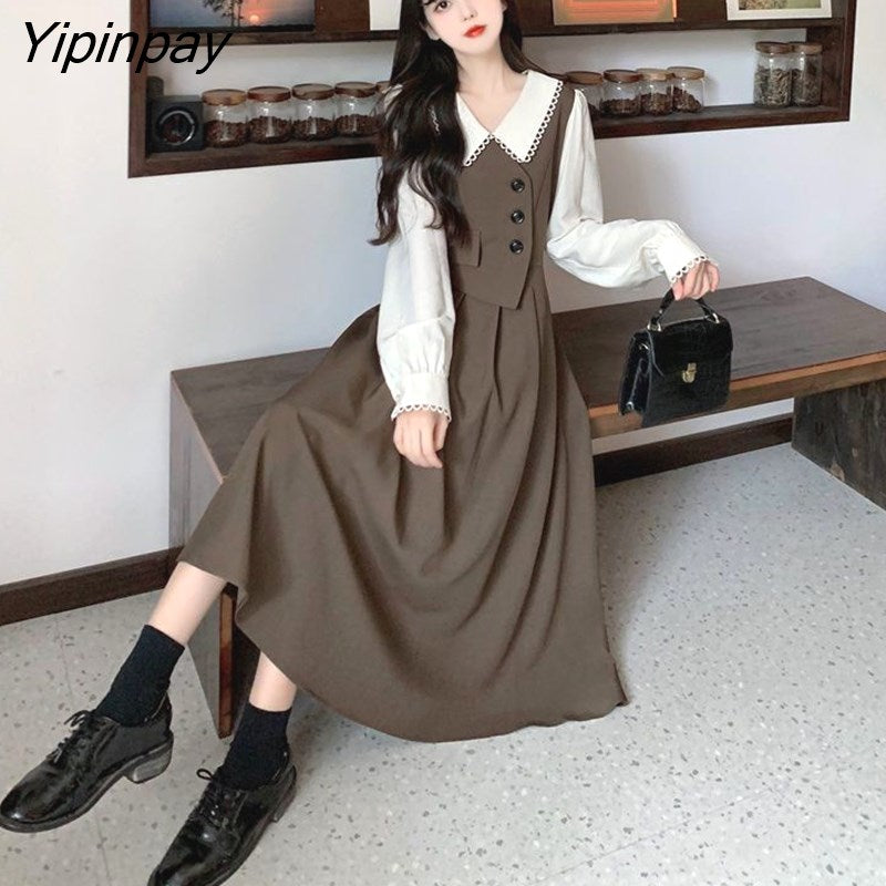 Yipinpay Retro Stitching Fake Two Piece Dress Female Autumn Doll Collar