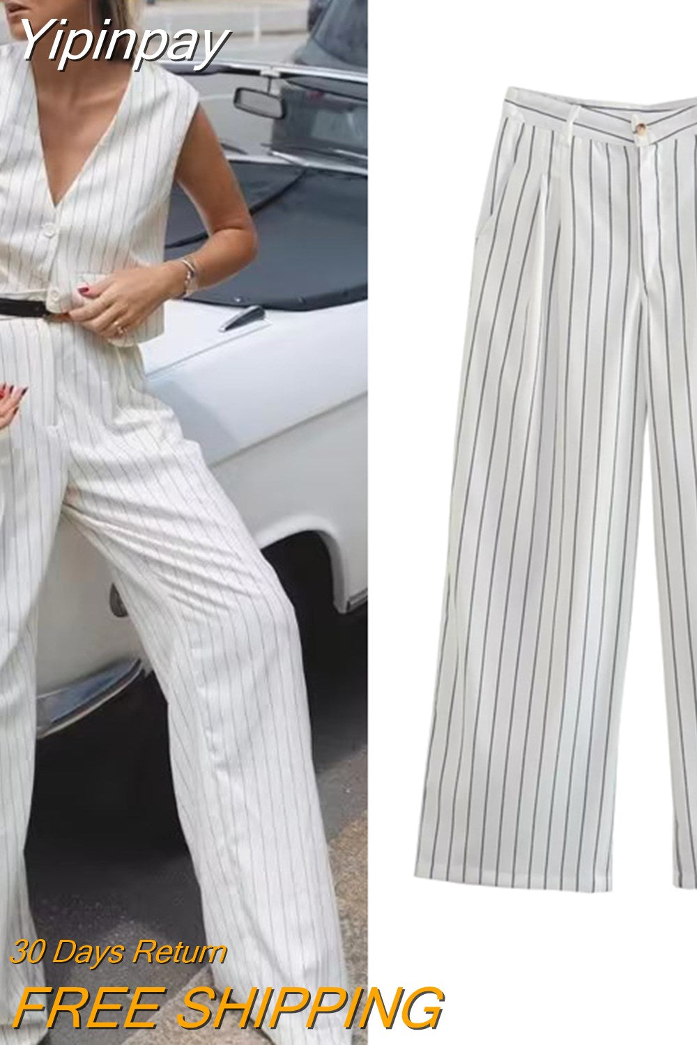 Yipinpay TRAF Fashion 2023 Women's Pant Female Striped High Waist Wide Pants Trousers Ladies Chic Elegant Casual Loose Baggy Pant