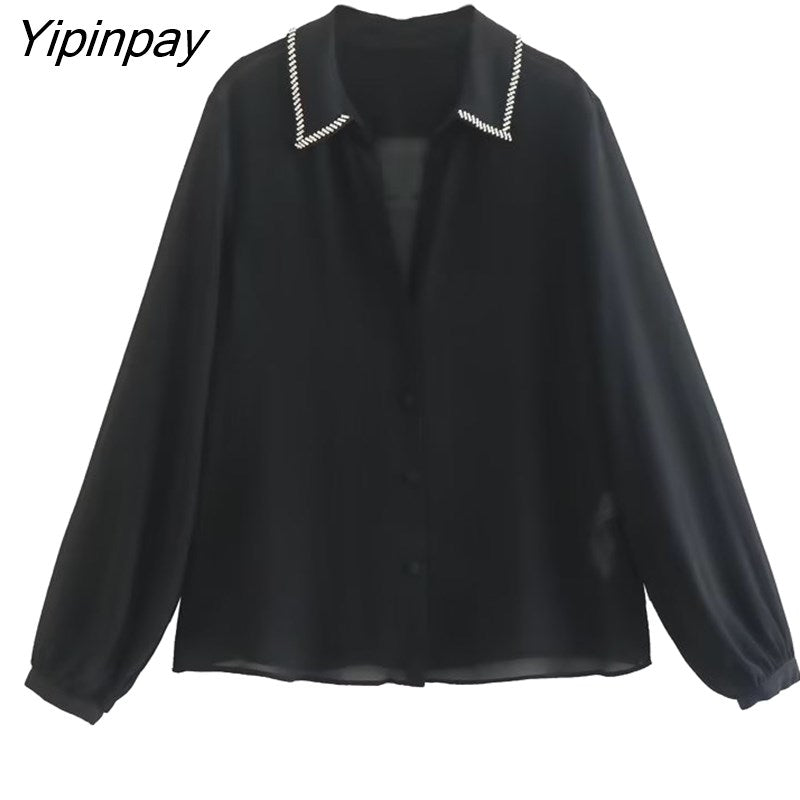 Yipinpay 2023 Women Solid Thin Blouses Spring Summer Fashion Turn Down Collar Long Sleeved Tops Vintage Single Breasted T-Shirts