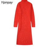 Yipinpay 2023 Winter Women Long Knitted Dress Ladies Party Mid-Calf Turtleneck Warm Vestidos Fashion Long Sleeve A-line Swearters