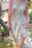Yipinpay Summer Floral Sleeveless Midi Dress Elegant Sexy French Vintage Strap Dress Woman Party One Piece Dress Korean Fashion