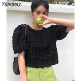 Yipinpay Elegant Back Bandage Short Tops Women 2023 Summer Short Sleeve O-neck Cute Blouses Ladies Korean Fashion Cropped Top