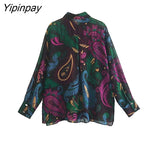 Yipinpay 2023 Women Loose Print Blouses Spring Autumn Casual Turn Down Collar Long Sleeved Top Fashion Single Breasted Shirts