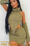 yipinpay Two Piece Sets Turtlenck Crop Top Tassel Mini Skirt Sets Women Outfits Y2K Clothes Solid Slim Streetwear Green Dress Set