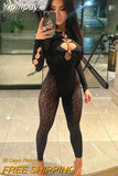 Yipinpay Slash Neck Cut Out Mesh Print Jumpsuit Women Long Sleeve Button See Through Pencil Pants One Piece Rompers 2023 Spring Fall
