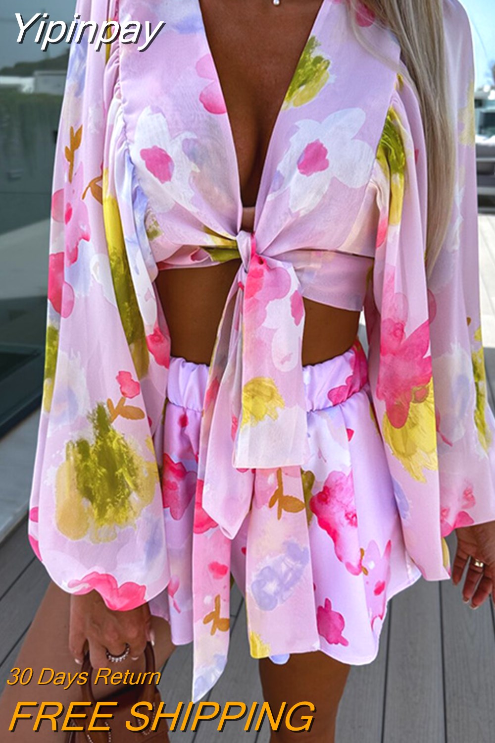 Yipinpay Boho Floral Print Lantern Sleeve Crop Top Suit 2023 Summer Fashion Chic Chiffon Shorts Outfits Casual Loose Lady Beach Suit